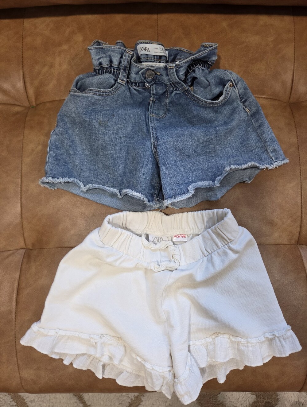 ZARA Light Blue Denim High-Waist Paperbag Shorts And Cream Shorts Size 5 Bundle